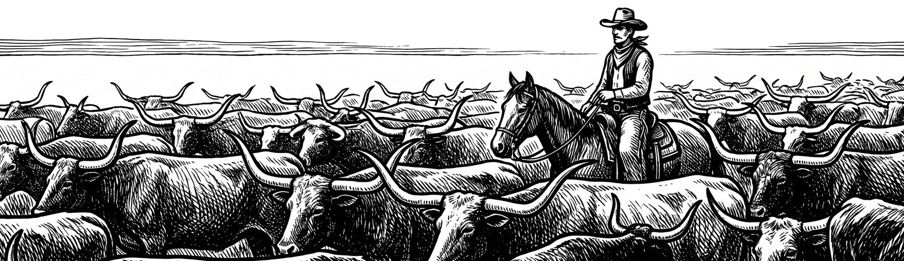 A lone rider keeping watch over a herd of longhorn cattle